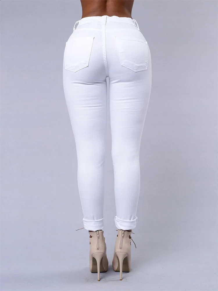 Fashionable Womens Versatile Solid Color European and American Holed Jeans Minimalist Slim Fit Pencil Pants Z260313