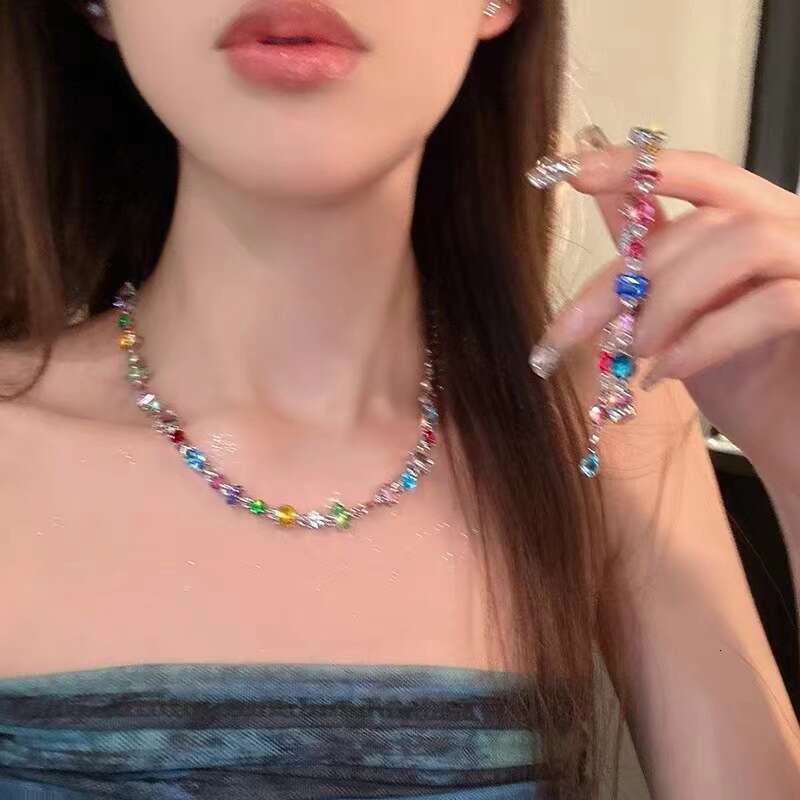 Sweetheart Candy Colorful Crystal Zircon Necklace Light High-end Heart Rainbow Clavicle Chain for Women Ins Niche Trend