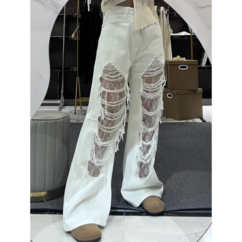 Washed Ripped Lace Denim Jeans for Women Street Straightleg Loose Wideleg American Style Long Pants Z260313