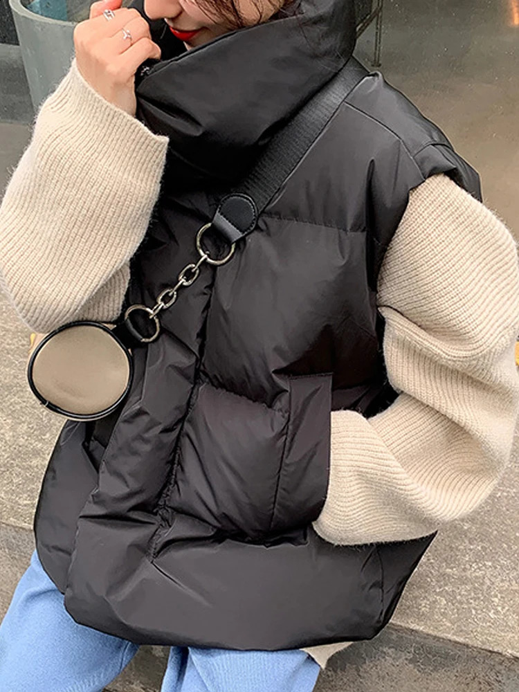 Women Sleeveless Jacket Puffer Vest Ladies Winter Warm Waistcoats Female Solid Stand Collar Coat Loose Outwear Weste Damen 250911