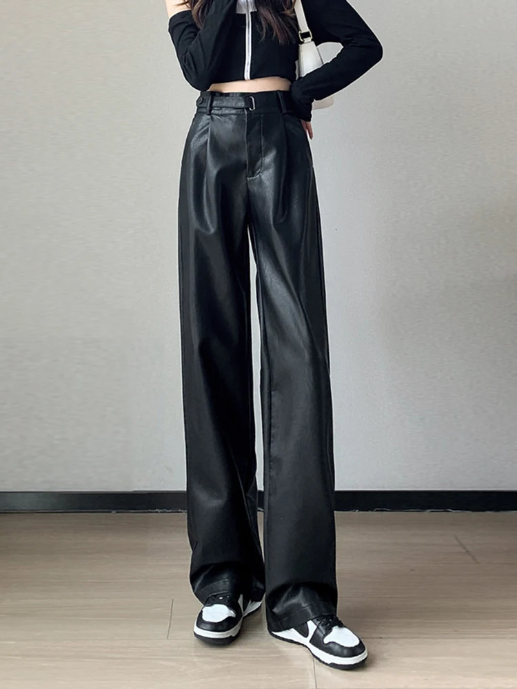 Autumn Winter Leather Pants For Women Korean Fashion Wide Leg Loose Black Trousers Woman High Waisted Pantalones 250917