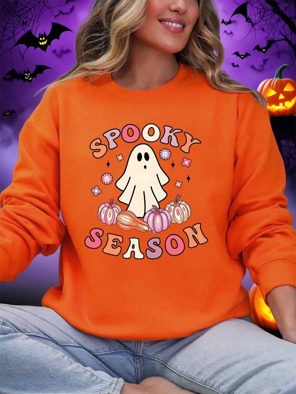 Spooky Season Sweatshirt Ghost Prints Halloween Women Winter Fleece Hoodie Crewneck Loose Pullover Casual Soft Woman ClothesZ250918