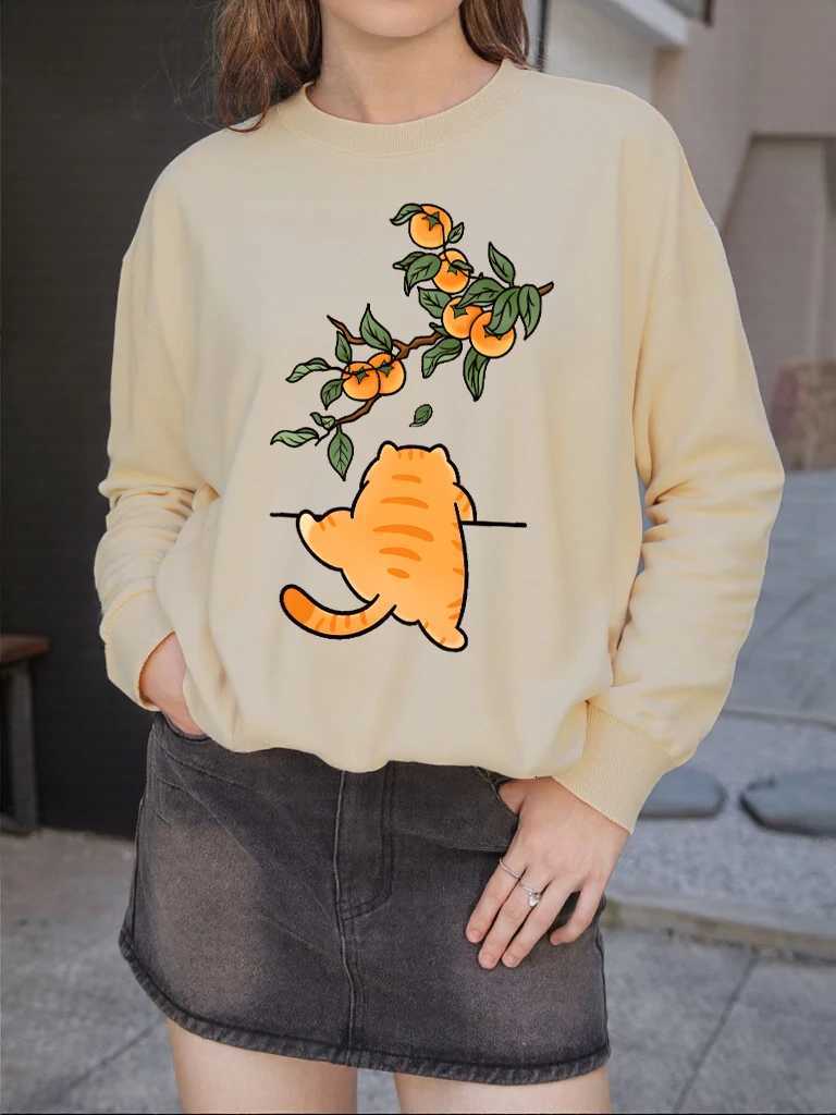 Persimmon Cartoon Orange Cat Print Sweatshirt Women Autumn Casual Sportswear Hipster Soft Pullover AllMatch Hip Hop ClothesZ250918