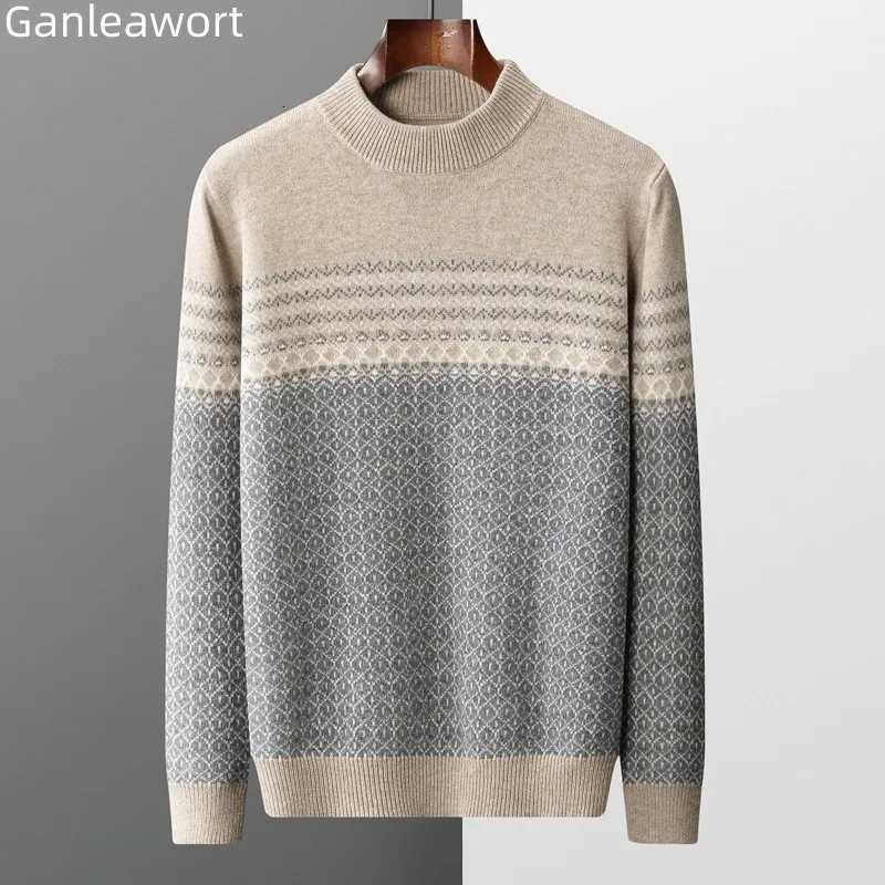Mens Sweater Pullover Long Sleeve 100 Pure Woolen Sweater AutumnWinter New Half High Collar Jacquard Knit Thickened Casual TopZ250918