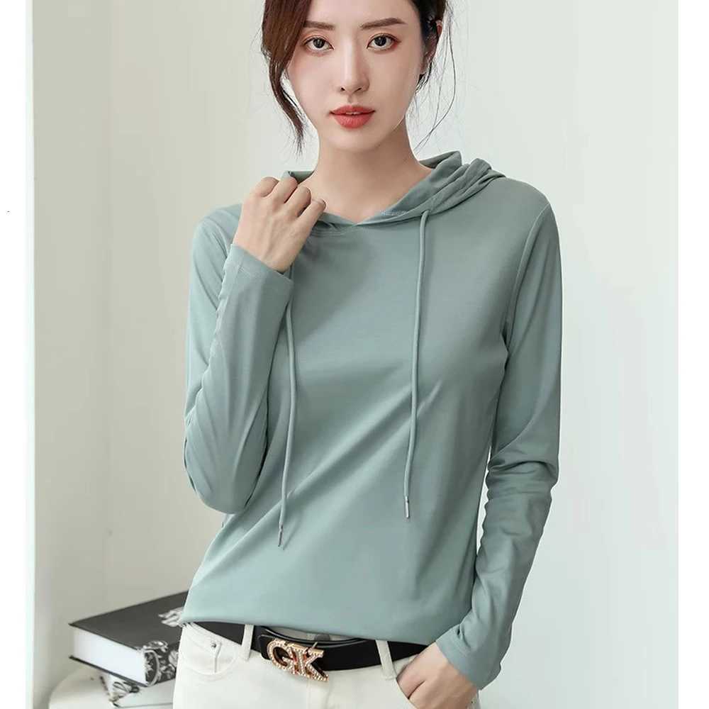 Silky cotton hooded sweatshirt Tshirt for women in spring 2025 new pure cotton versatile light luxury thin fashion base shirtZ250918