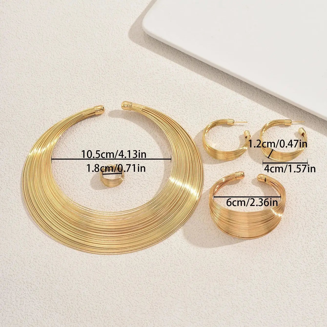 Sophisticated Gold Color Wide band Jewelry Set Bold Choker Cshaped Earrings Ring Cuff Bracelet Set For Women 250917