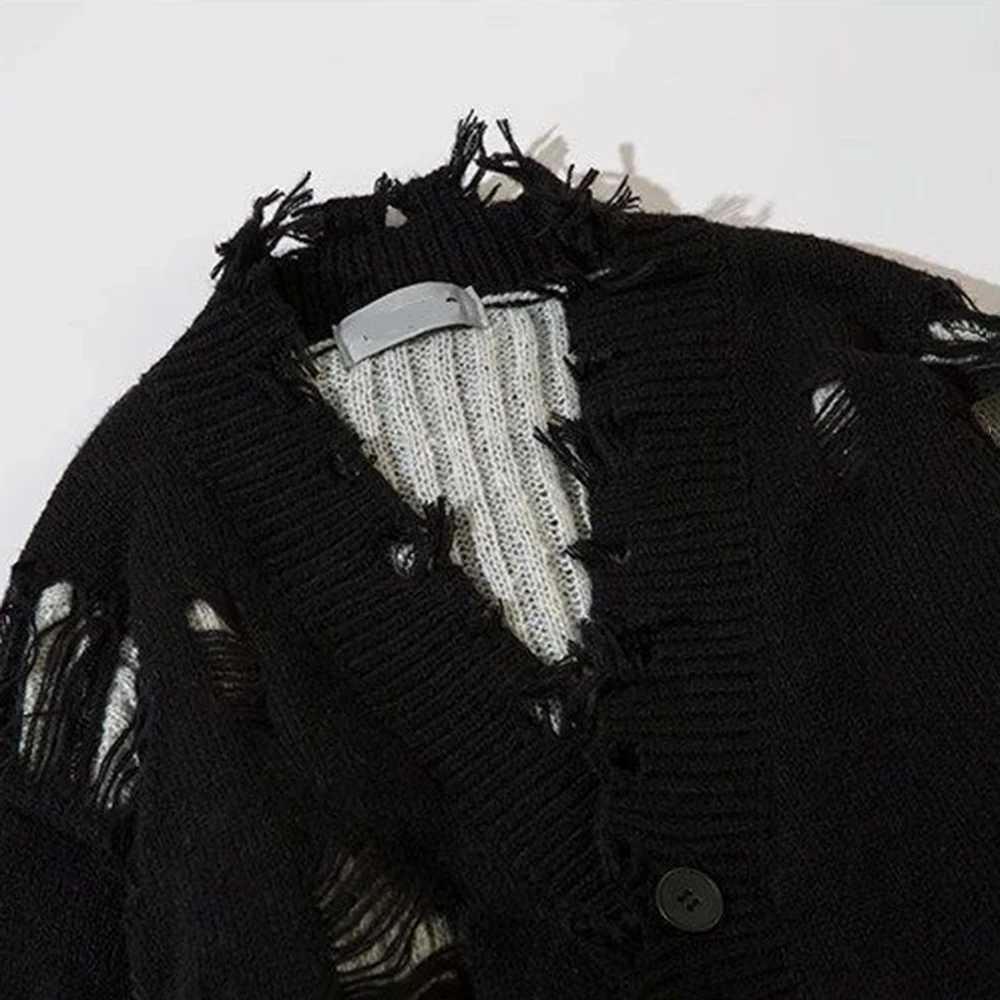 Mens Autumn Winter Ripped Sexy Cardigan Knitted Sweater Essential Hollow American High Street Loose Knitted Jacket For CouplesZ250918