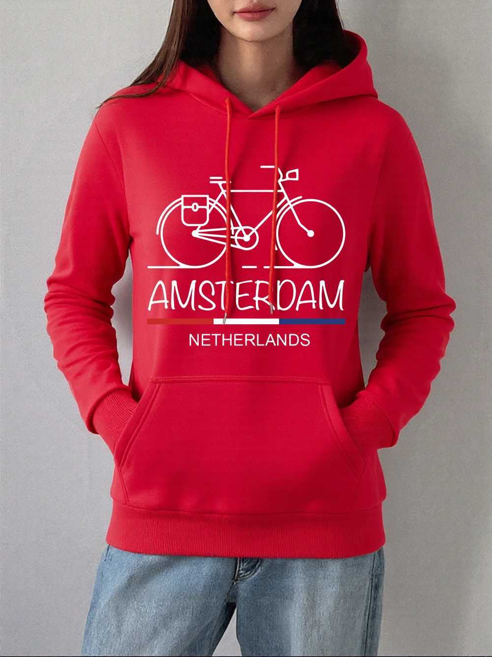 Amsterdam Netherlands Bike Prints Hoodies Women Fashion Pocket Pullovers Casual Loose Sweatshirts Winter Fleece Warm ClothesZ250918