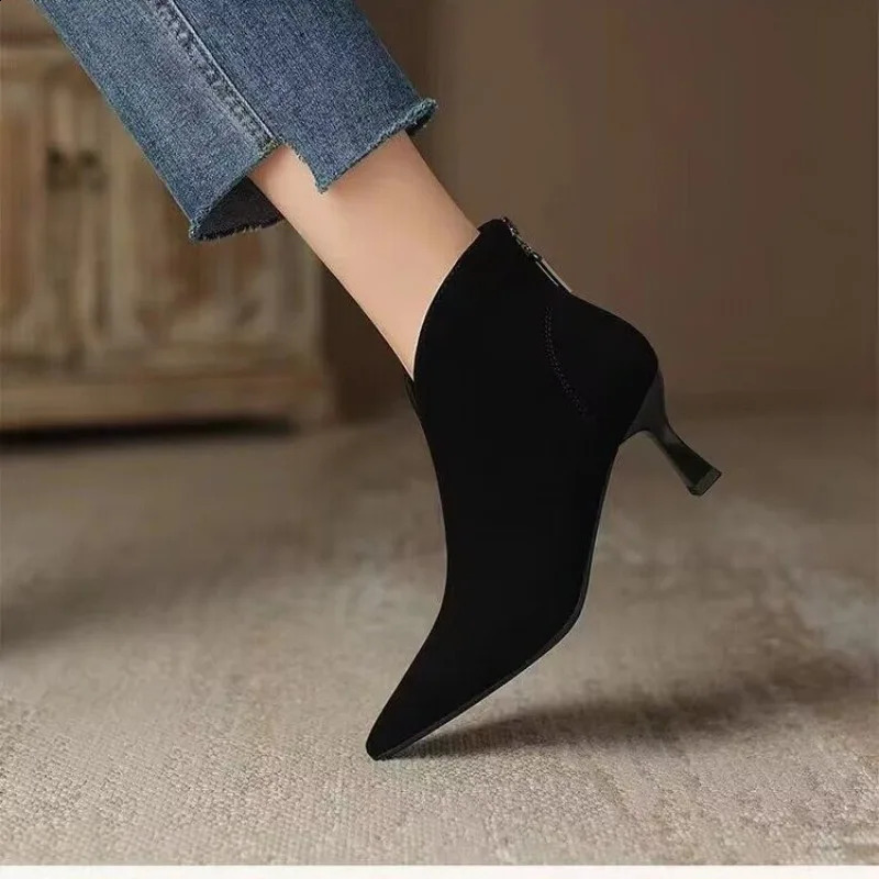 Brown suede short boots autumnwinter style pointedtoe lowheeled nude with a back zipper large size womens 250918