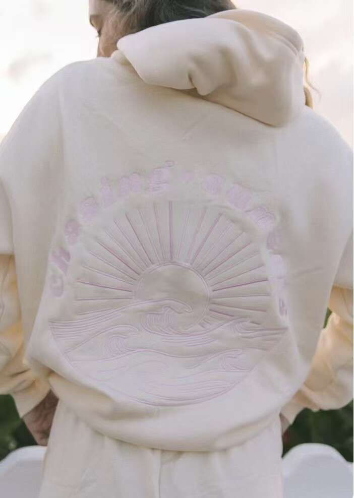 Professional Embroidery Cross-Border European Size Drop Shoulder Sleeve Ribbed Coconut Wave Pattern Hoodie Sweatshirt Jacket