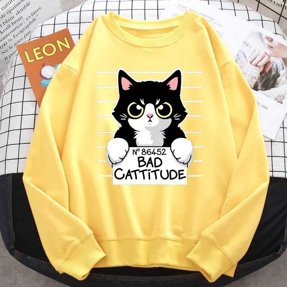 Autumn Winter Womens Pullover No86452 Bad Cattitude Funny Cat Print Hoodie Fleece AllMath Sweatshirts Warm Crewneck Ladies TopsZ250918