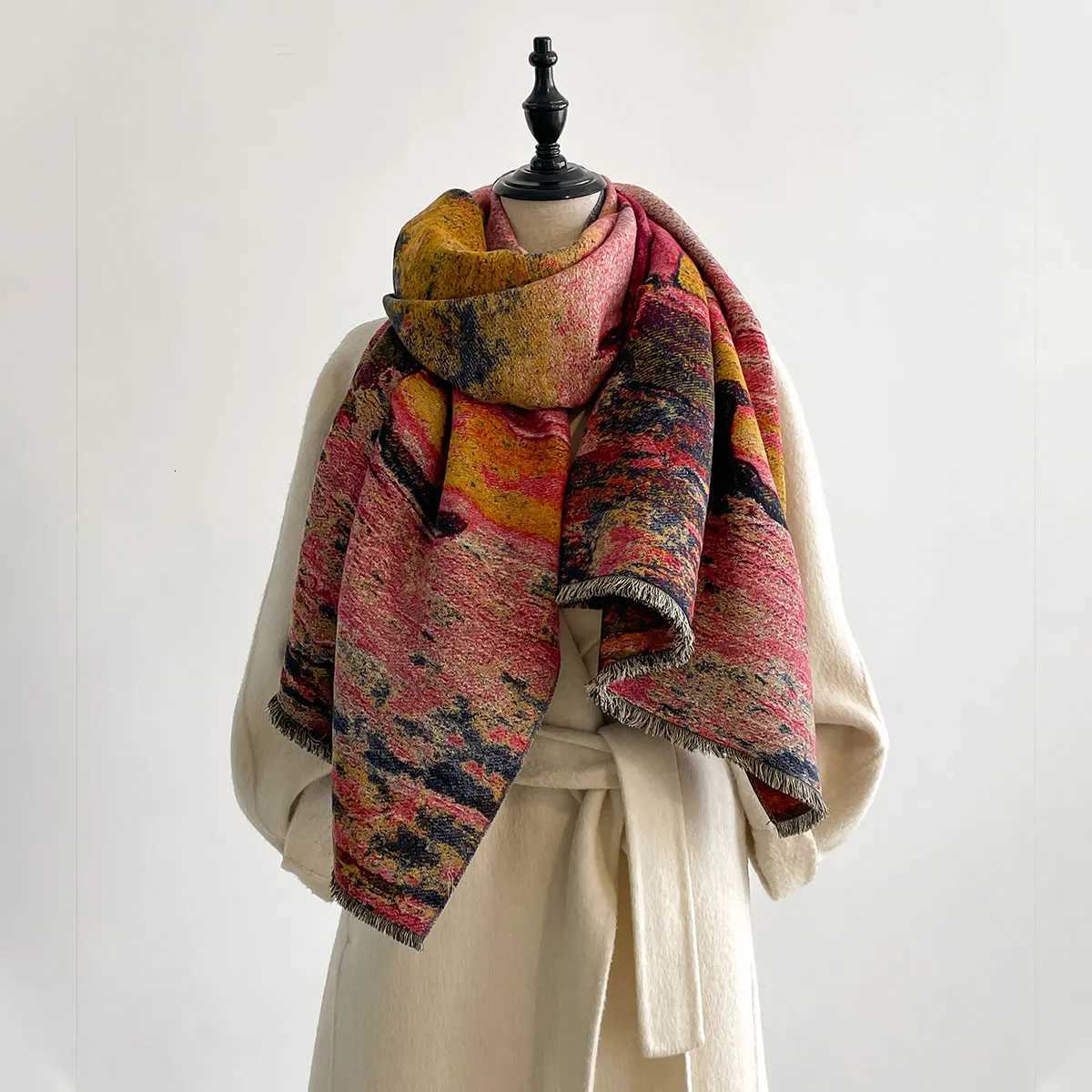 Luxury Winter Cashmere Scarf Wen Design Warm Blanket Poncho Scarves Fem Oil painting Shl Thick Foard Bufanda Y250918