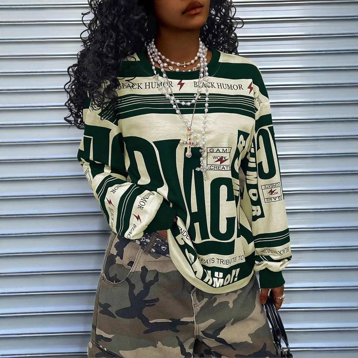 Women's Fashion Trendy Style Long Sleeve Sweatshirt with Letter Print Loose Pullover