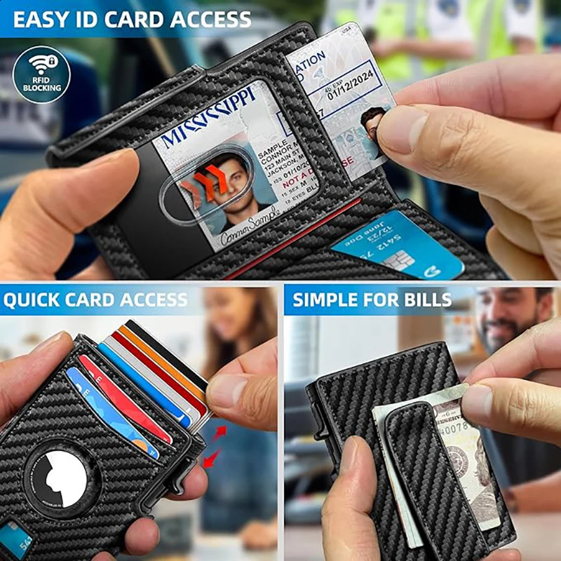 YAT Mens Genuine Pickup Bag RFID Anti Theft Brush Magnetic Tape Airtag Positioning Slot Automatic Pop up Metal Wallet 250918