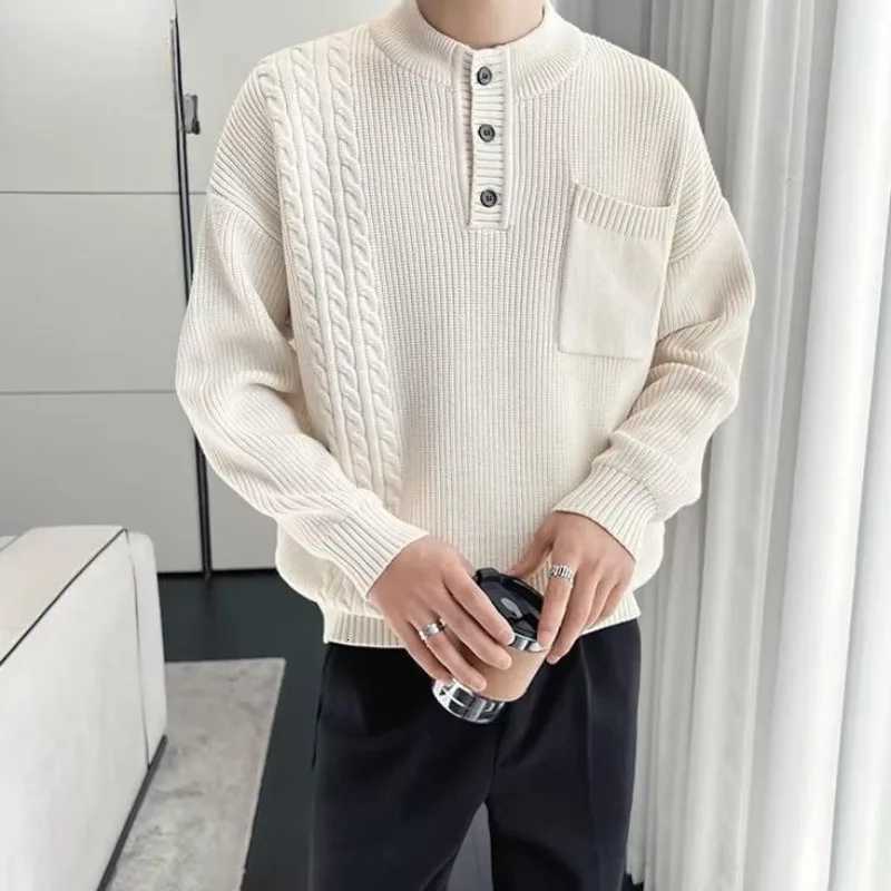 Knitwear with Pockets Mens Knit Sweater Solid Color Pullovers Male Loose Fit Top Long Sleeve Korean Style Clothing Deals 2024Z250918