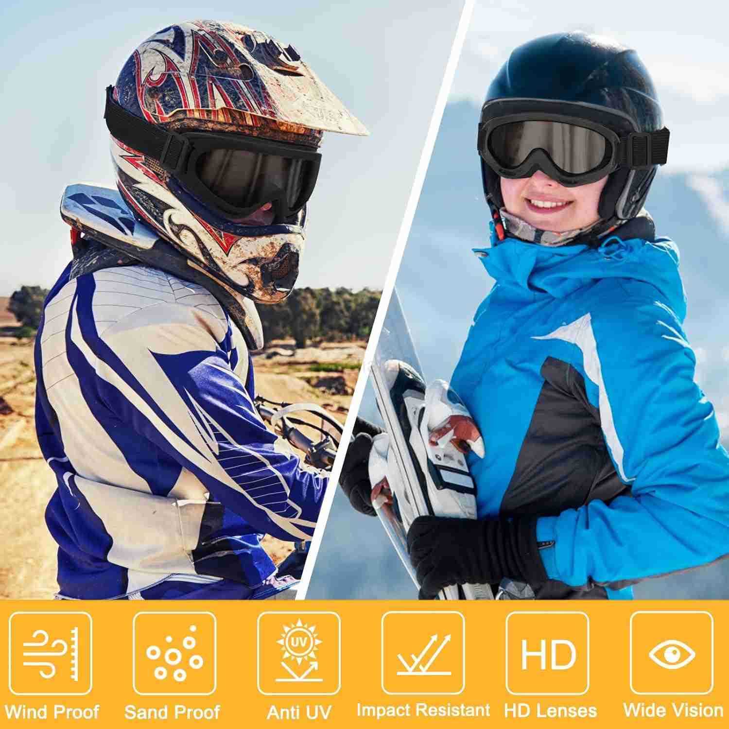 2 Pairs Motorcycle Goggles Fit Helmet ATV Ski Goggles AntiUV Dustproof Windproof Dirt Bike Goggles for Youth Men Women W250918