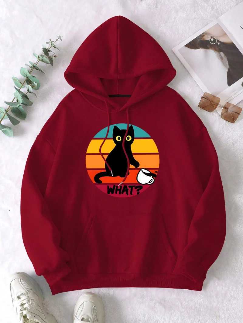 The Black Cat Playing Coffee Design Women Hoody Harajuku Street Hoodies Casual Fleece Hoodie Loose Multicolor Woman PulloverZ250918