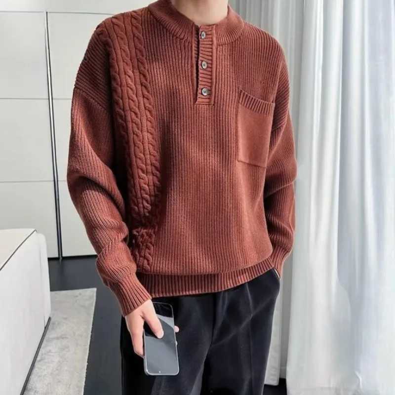 Knitwear with Pockets Mens Knit Sweater Solid Color Pullovers Male Loose Fit Top Long Sleeve Korean Style Clothing Deals 2024Z250918