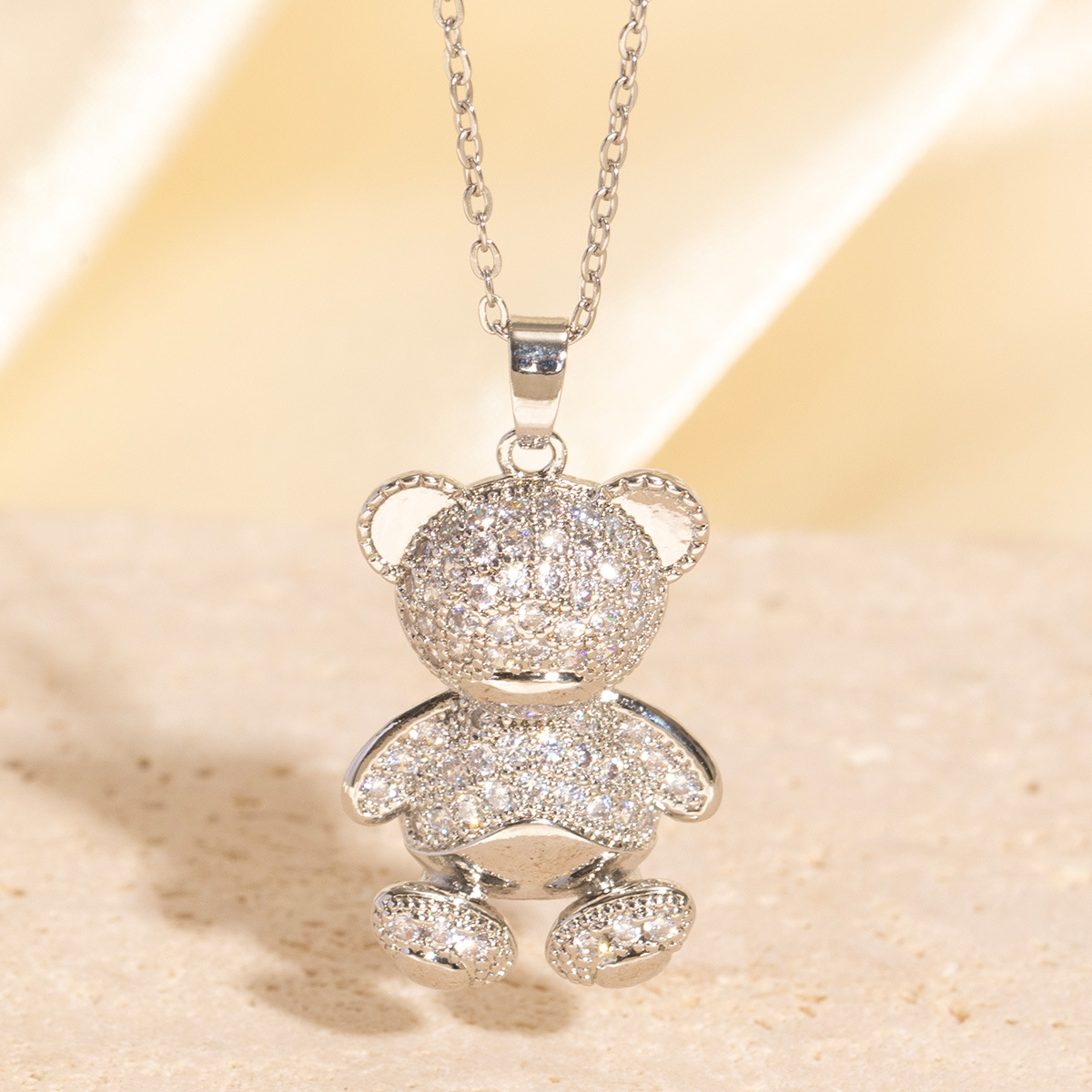 Silver - Toned Teddy Bear Pendant Necklace With Rhinestone Embellishment Delicate Daily & Cute Jewelry Gift For Her High - Quality And Fashionable Acc