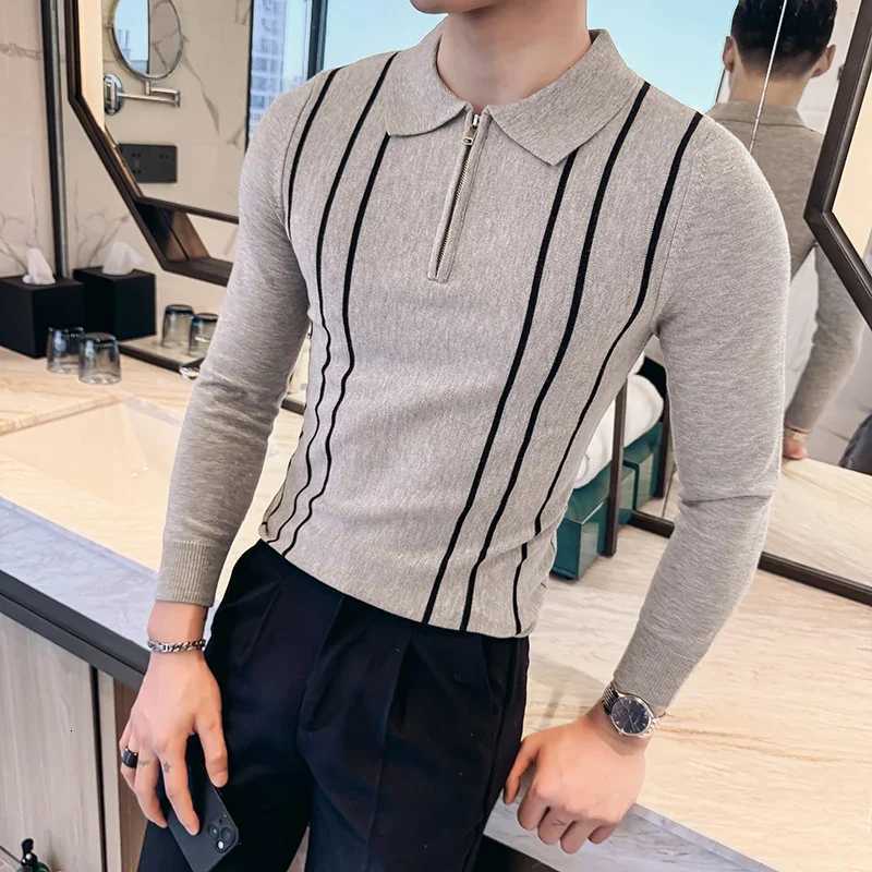 2024 Autumn Winter New Striped Sweater For Men Fashion Zipper Flip Collar Knitted Polo Shirt Mens Long Sleeve Slim Casual PullZ250918
