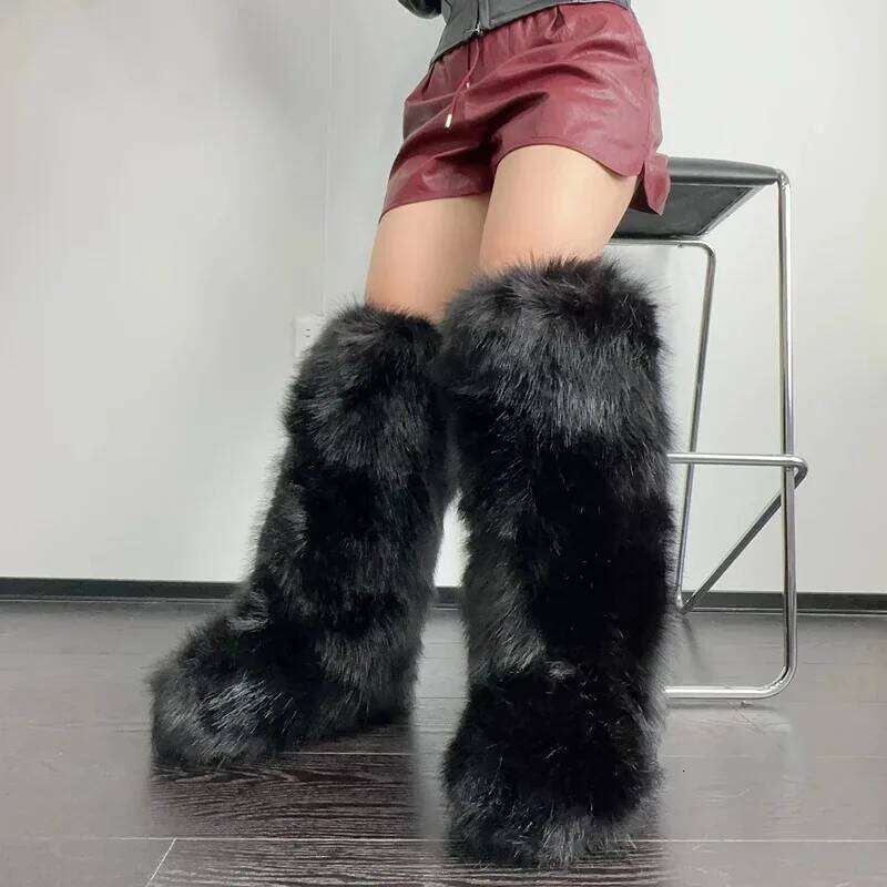 Womens Knee High Fuzzy Faux Fur Soft, Warm, and Comfortable Slip-on Design Furry Boots for Fall Winter