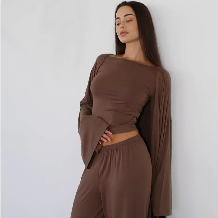 Women Fashion Lounge Set Vintage 3 Piece Outfit Spring Autumn O Neck Waist Tie TshirtElastic Waist Pants Long Sleeve Crop Tops 250918