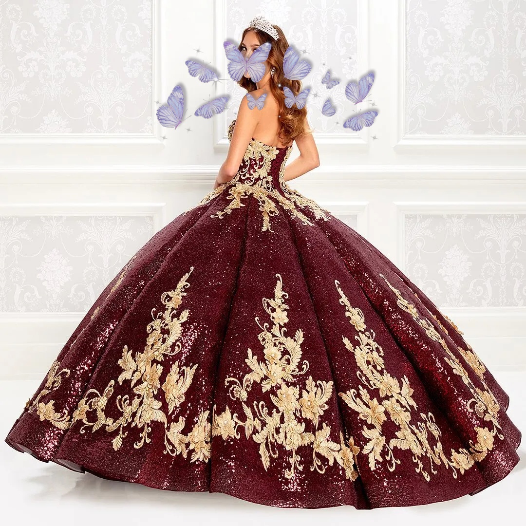 Sparkly Beaded Burgundy Sequined Ball Gown Quinceanera Dresses Sweetheart Neck Lace Appliqued Prom Gowns Sweep Train Sweet 15 Dress