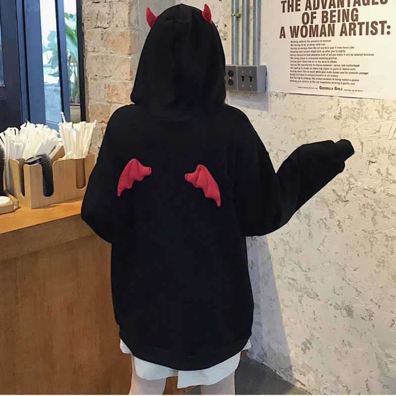 Harajuku Hoodies Girl Little Devil Horns Gothic Hooded Sweatshirts Women Demon Fly Wings Loose Pullovers Pocket Tops StreetwearZ250918
