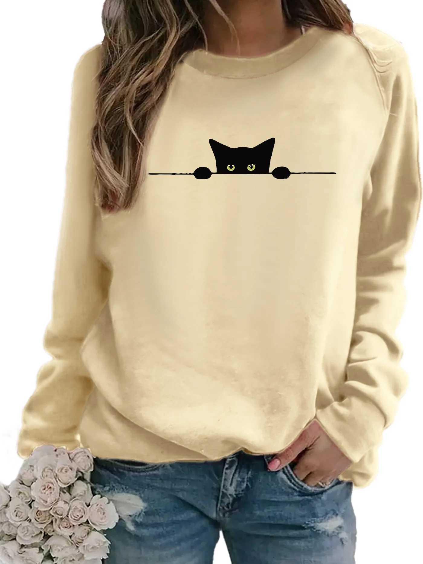 Womens Casual Blackcat Print Pullover Sweatshirt Geometric Design Long Sleeve Round Neck Machine Washable Regular Fit for AutumZ250918