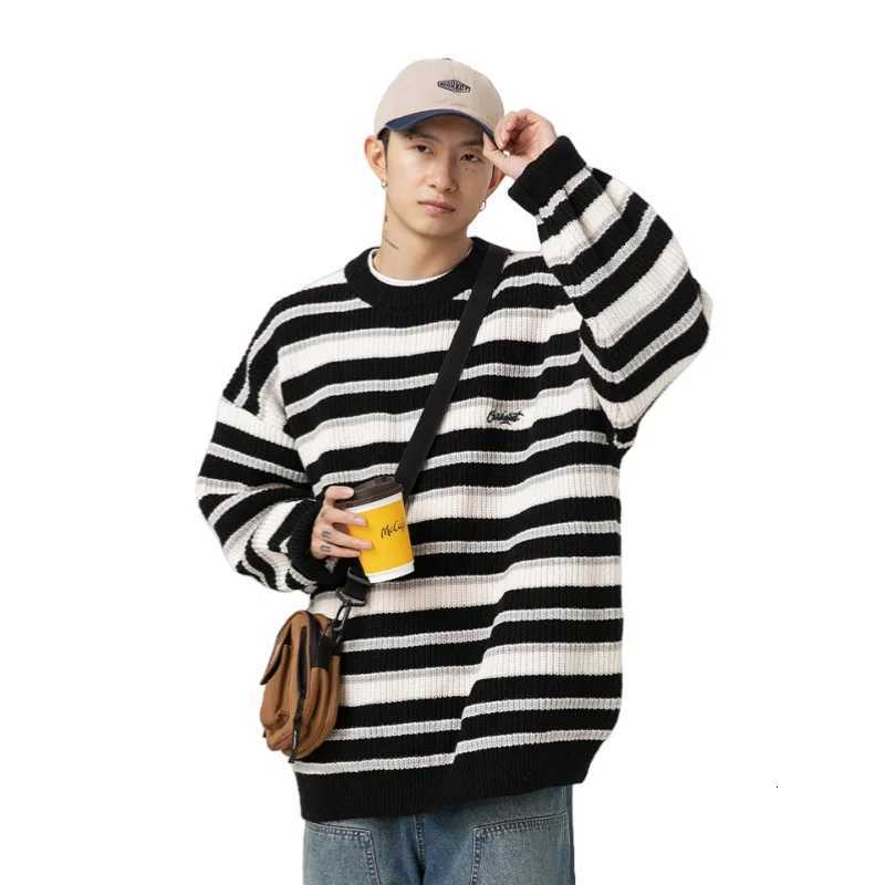 Autumn Winter Sweater Men Retro Contrasting Striped Knitwear Embroidery Loose Round Neck Long Sleeve Knitted Sweater JacketZ250918