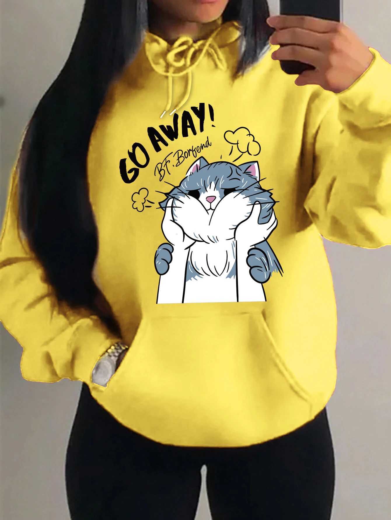 Go Away The Touched Cartoon Cat Printing Women Hoodie Casual 2025 Winter Hoodies Sweatshirt Comfortable Fleece SportswearZ250918