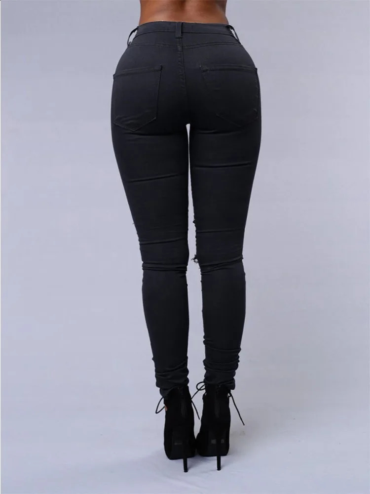 Fashionable Womens Versatile Solid Color European and American Holed Jeans Minimalist Slim Fit Pencil Pants Z260313