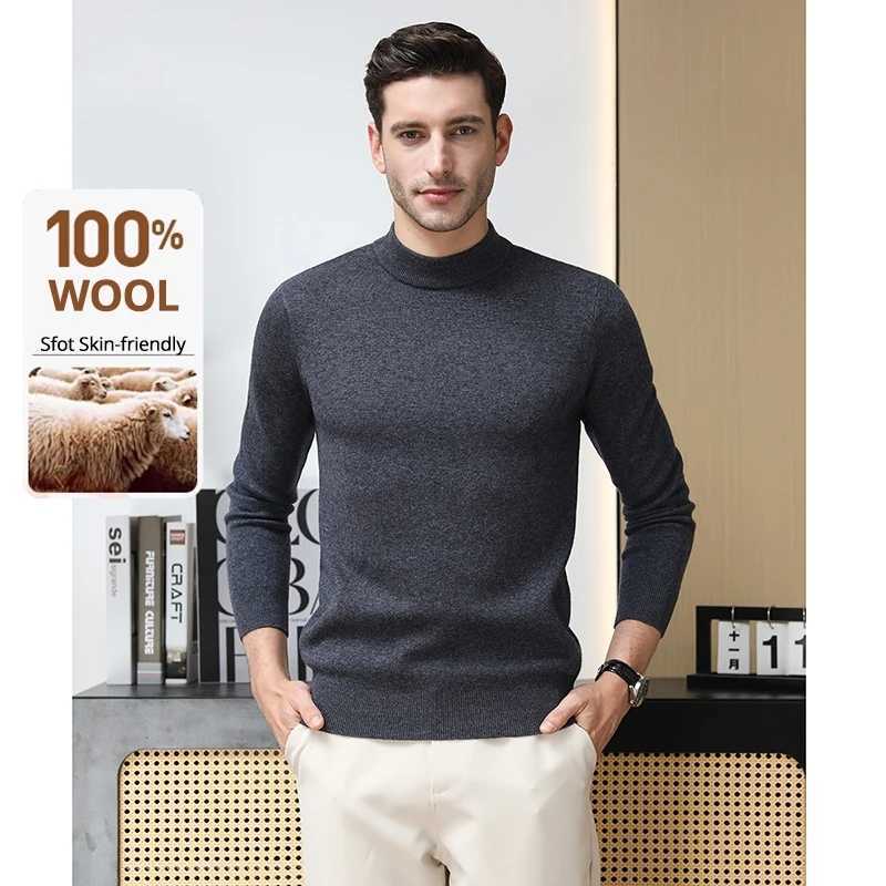 High End 100 Wool Thick New Autum Winter Fashion Brand Pullover Knit Half Turtleneck Business Sweater Casual Men ClothingZ250918