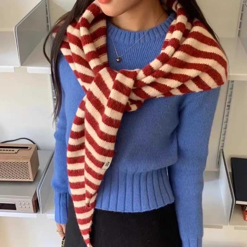 Korea Ins Woolblend Knitted Striped Triangar Knitted Scarf Shl Autumn and Winter New Outer Vest Cloak Outer Scarf Wen Y250918