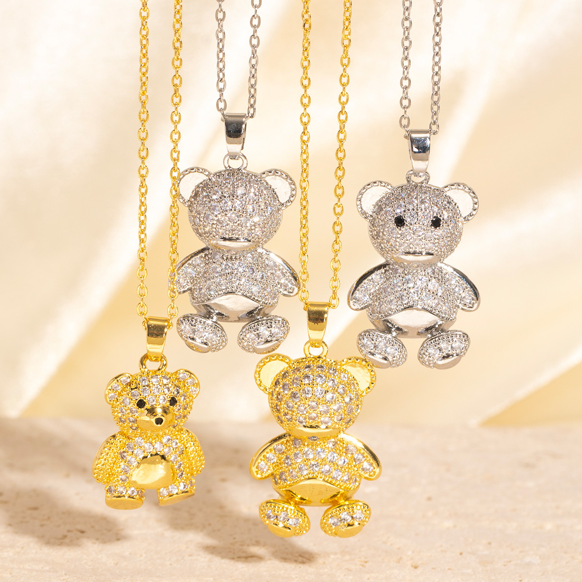 Silver - Toned Teddy Bear Pendant Necklace With Rhinestone Embellishment Delicate Daily & Cute Jewelry Gift For Her High - Quality And Fashionable Acc