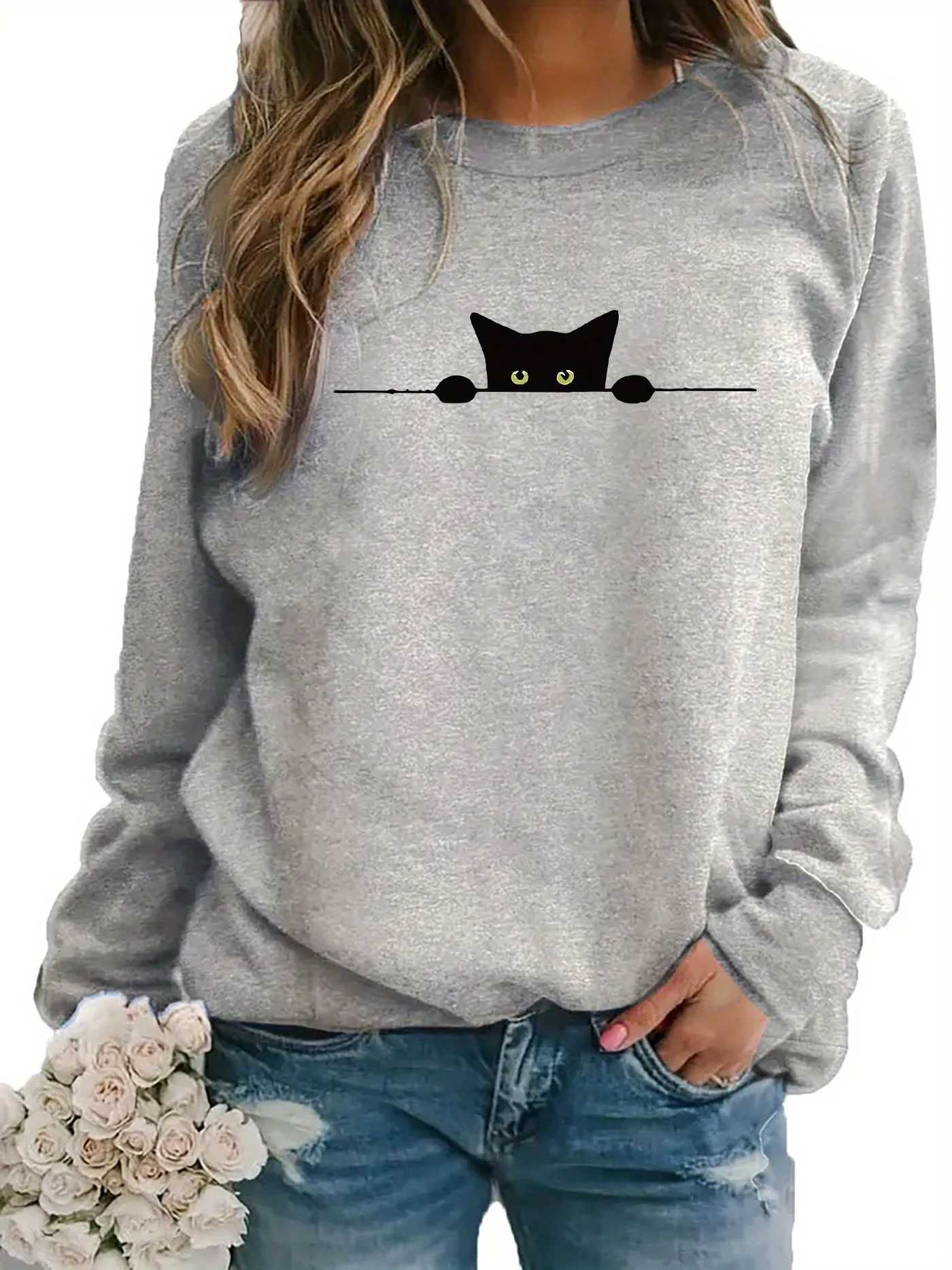 Womens Casual Blackcat Print Pullover Sweatshirt Geometric Design Long Sleeve Round Neck Machine Washable Regular Fit for AutumZ250918