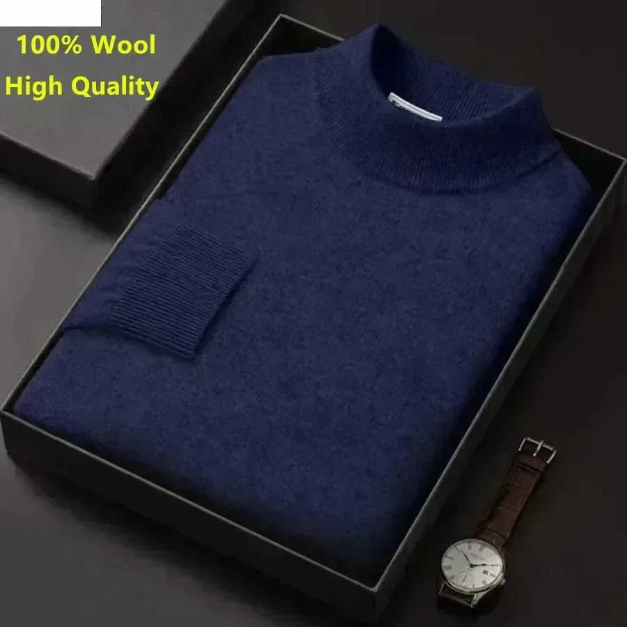 New Mens Knit Warm Sweater Pullover Trendy Mock Collar 100 Pure Woolen Sweater Male Casual Business Cashmere Sweater TopsZ250918
