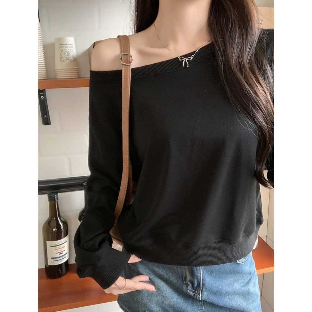 Off Shoulder Sweatshirt Women Solid Color Cropped Hoodie Long SLeeve Spring Autumn Casual Versatile TopZ250918