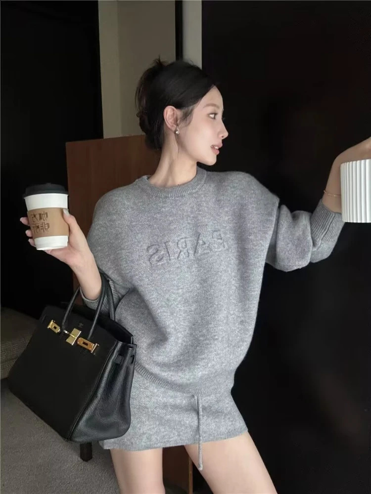 Autumn Winter Lazy Style Loose Long Sleeve Pullover Knitted Sweater Sweatshirt Half Skirt Bodycon Short Skirt Set for Women 250918
