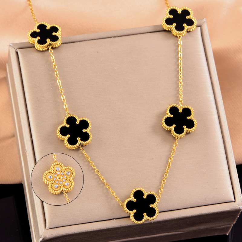 Fashionable double-sided five leaf flower lucky necklace with diamonds, versatile color shell pendant, collarbone chain, women's gift