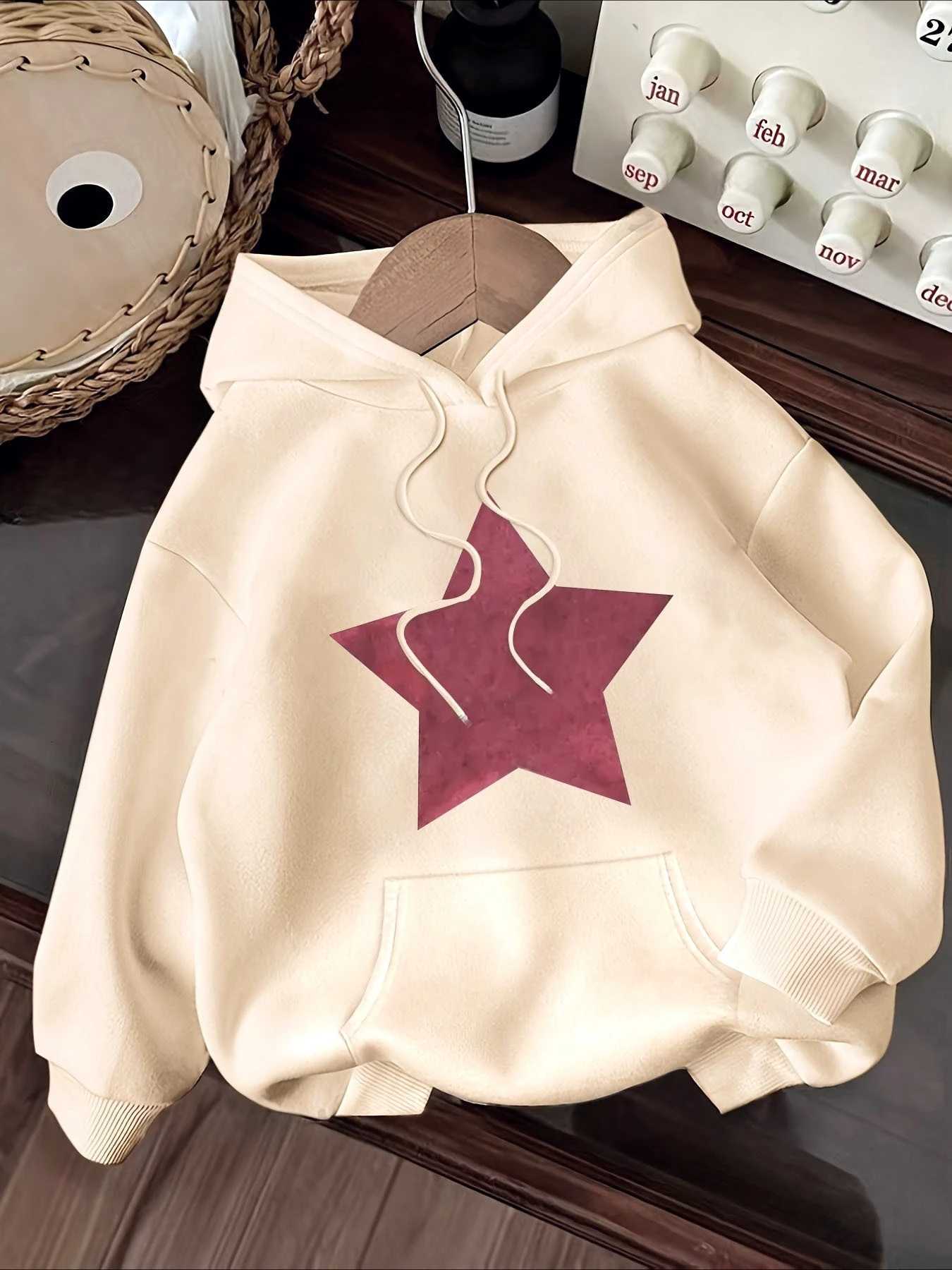 Retro Five Pointed Star Pattern Print 2025 Autumn winter Womens Hoodie Round Neck Long Sleeved Casual Womens ClothingZ250918