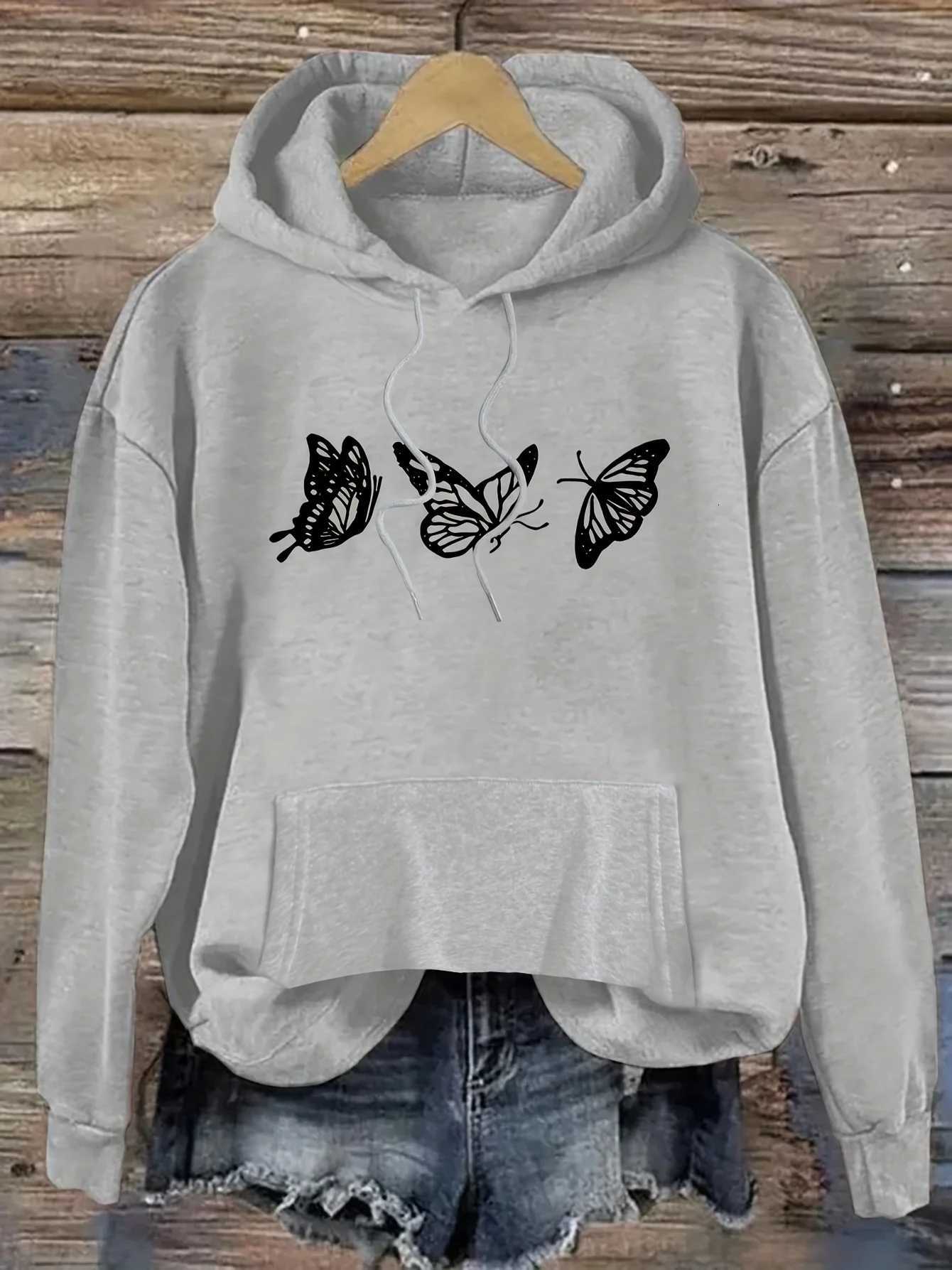 Butterfly Print Hooded 2025 Autumn Winter Sweatshirt Women Casual Style Pullover Soft Fabric Long Sleeves ClothingZ250918