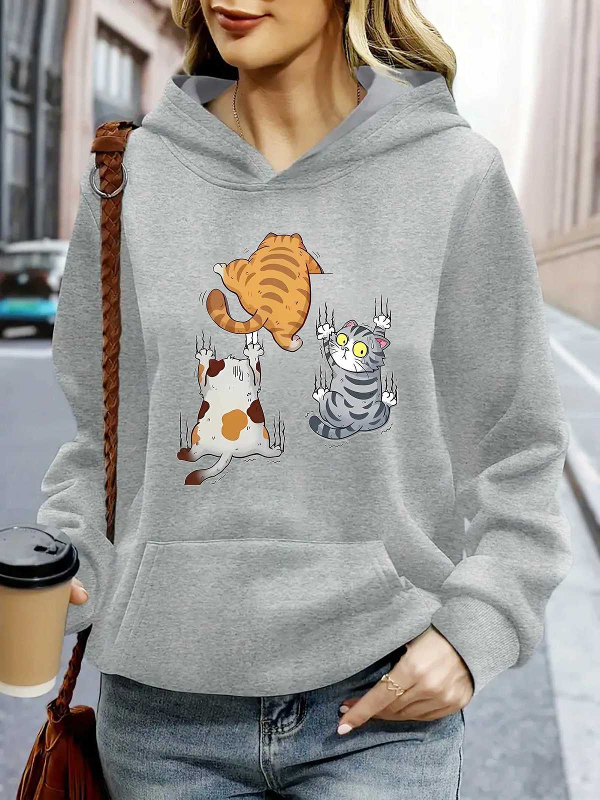 2025 Womens Cute Cartoon Cat Print Hoodie Casual Sporty Pullover Sweatshirt Autumn Winter Warm Pullovers Casual HoodieZ250918