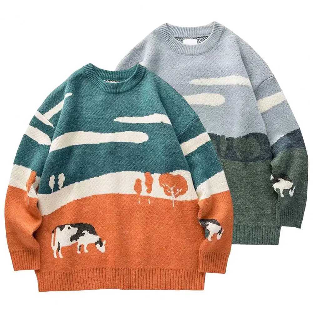 Mens Cows Print Sweaters 2025 Winter Patchwork Knitted Pullover Men ONeck Korean Fashion Sweater Women Casual Harajuku ClothesZ250918