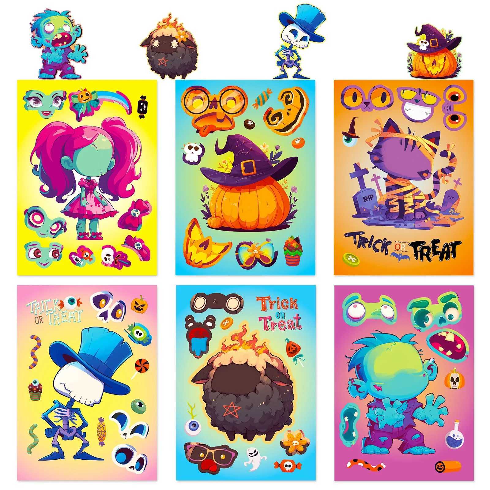 6Sheets Halloween DIY Puzzle Sticker Games 6 Pumpkin Cat Skeleton Make A Face Funny Assemble Jigsaw Sticker Kid Educational Toys C250918