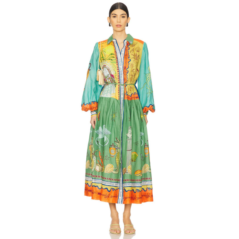 Women Dresses Designer 2025 New Fashion Casual Elegant Linen Printed Tie Shirt Dress 11 Colors