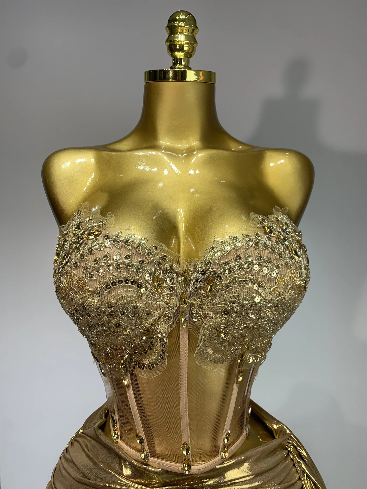 Women Sexy Strapless Sequins Rhinestone Gold Dress Glitter Top Two Pieces Sets Birthday Evening Party Club Singer Stage Outfit 250917