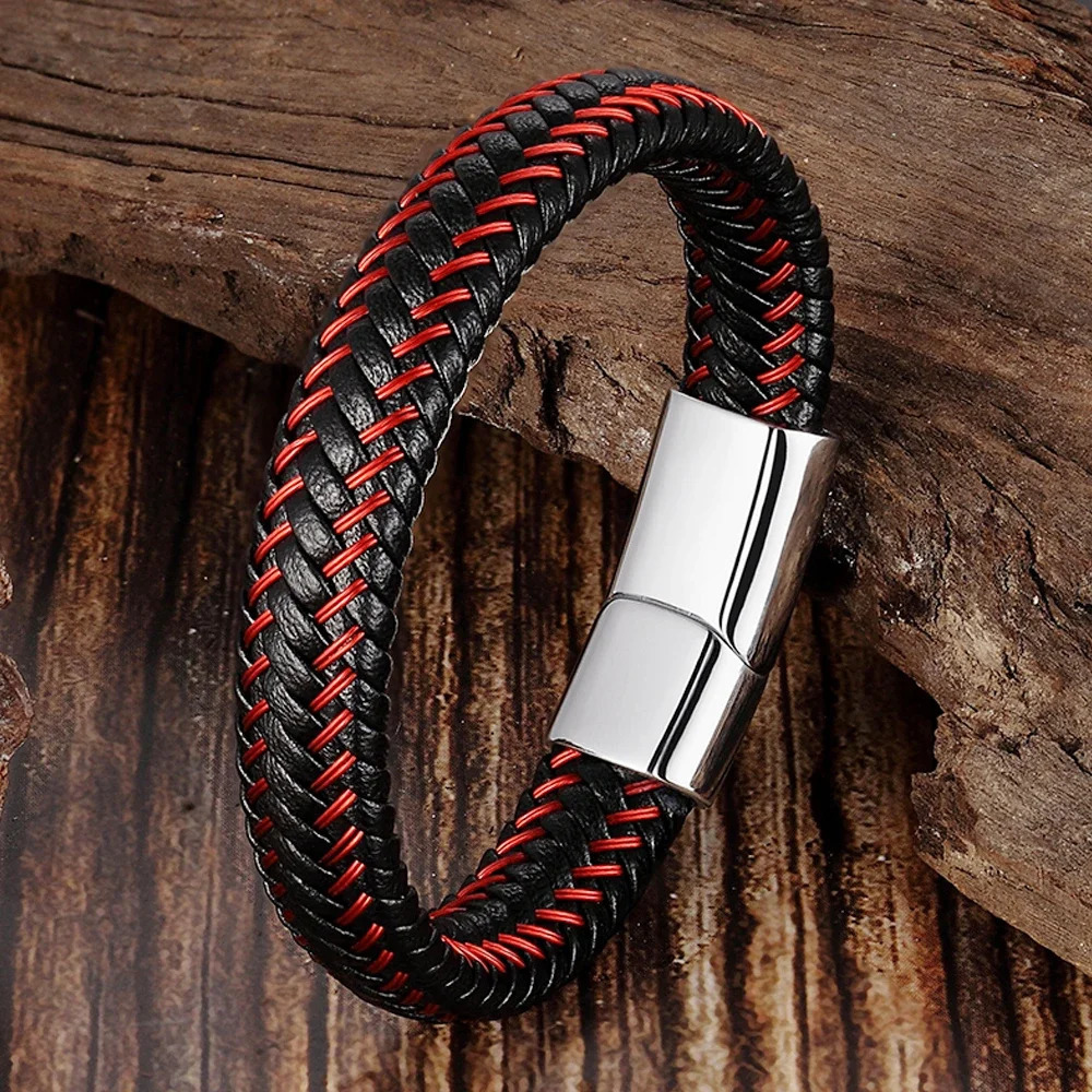 Trendy Men Jewelry Red Braided Leather Rope Bracelet Black Magnetic Buckle Bracelets Punk Wrist Band Pulsera Hombre y250919