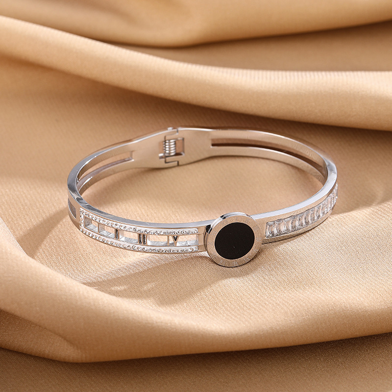 Half Diamond Insert Bangle Hollowed Roman Numerals Bracelet