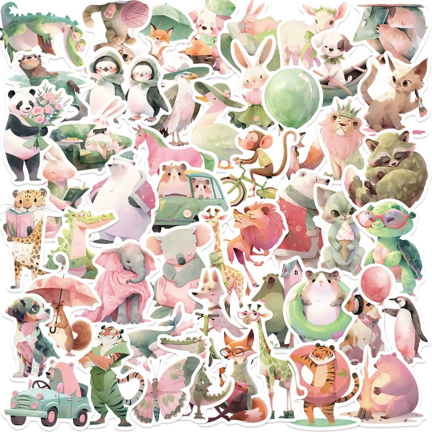 50Pcs Cute Pink Green Animals Stickers Cartoon Watercolor Animal Decals DIY Phone Laptop Luggage Skateboard Sticker Fun for Kids C250918